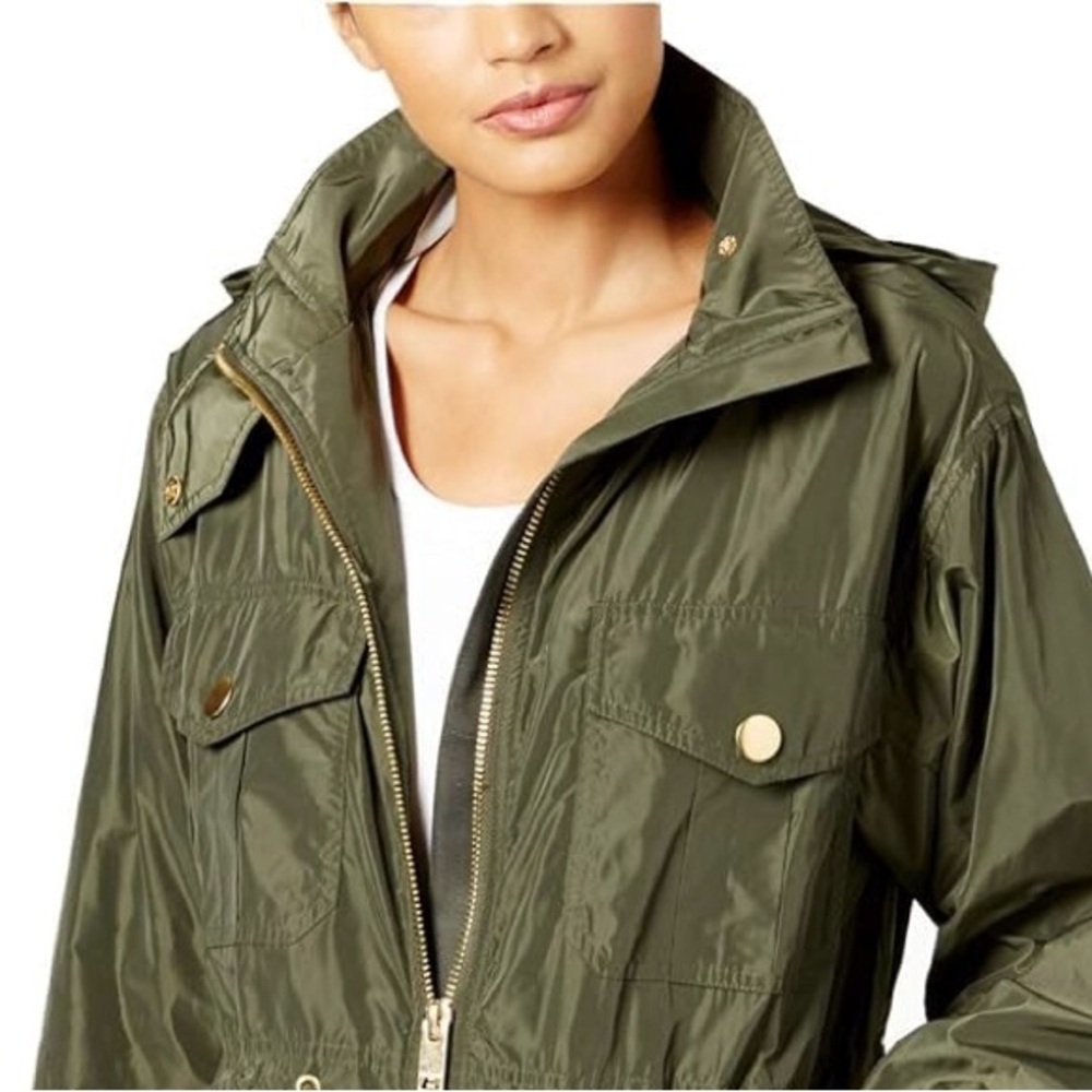 Michael Kors Olive Green Hooded Anorak Jacket Water Resistant Utility Rain Coat